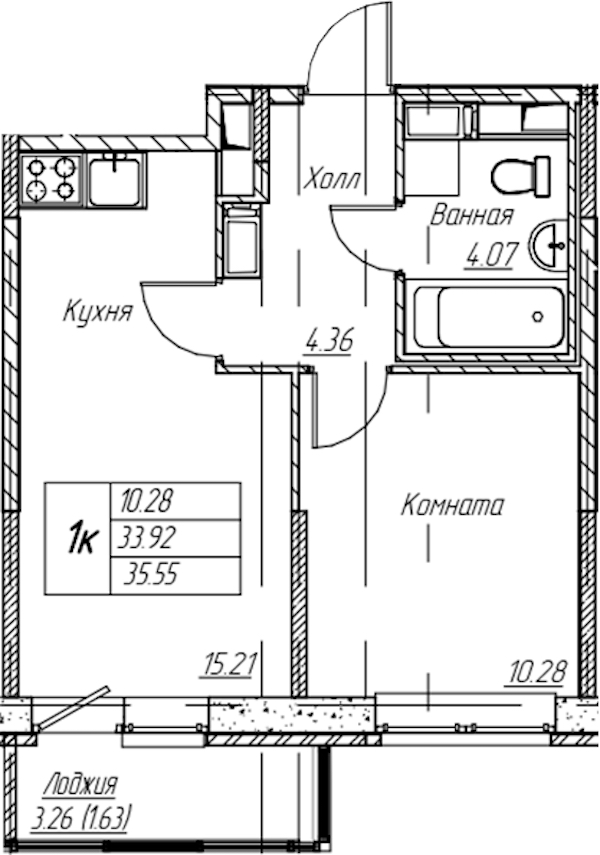 1-комнатная квартира 35.55 м², 8/22 эт., ЖК «Парк-квартал Юнтолово»